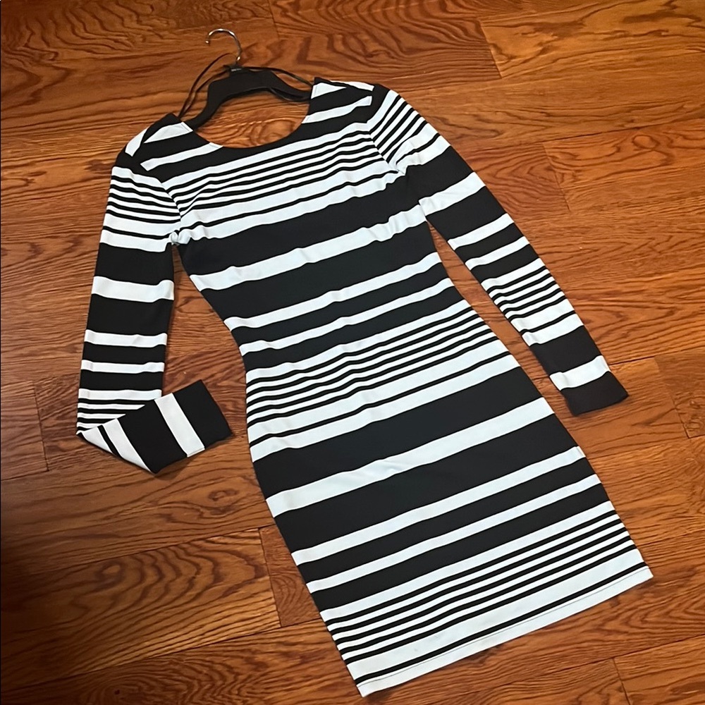 Black and White Stripe Body-con Dress with Long Sleeves XS By Jennifer Lopez